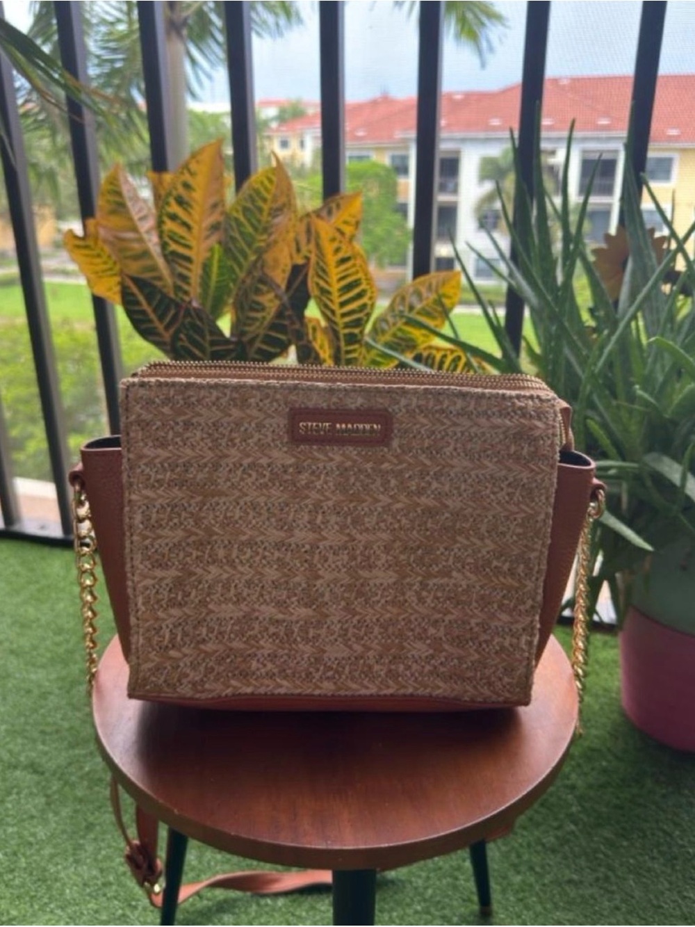 Steve Madden Brown Woven Crossbody Bag with Gold Chain
